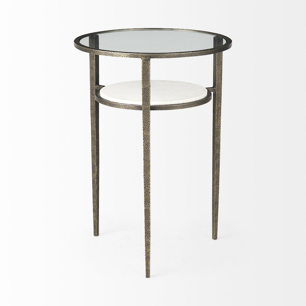 Glass Top W/ White Marble Shelf and Antique Gold Base End/Side Table. Picture 4