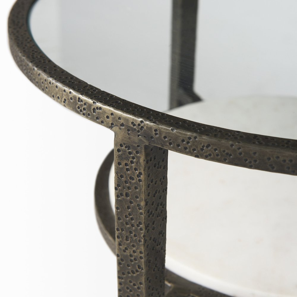 Glass Top W/ White Marble Shelf and Antique Gold Base End/Side Table. Picture 6