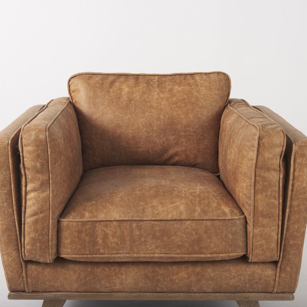 Cognac Brown Faux Leather Chair W/ Medium Brown Wooden Legs. Picture 6