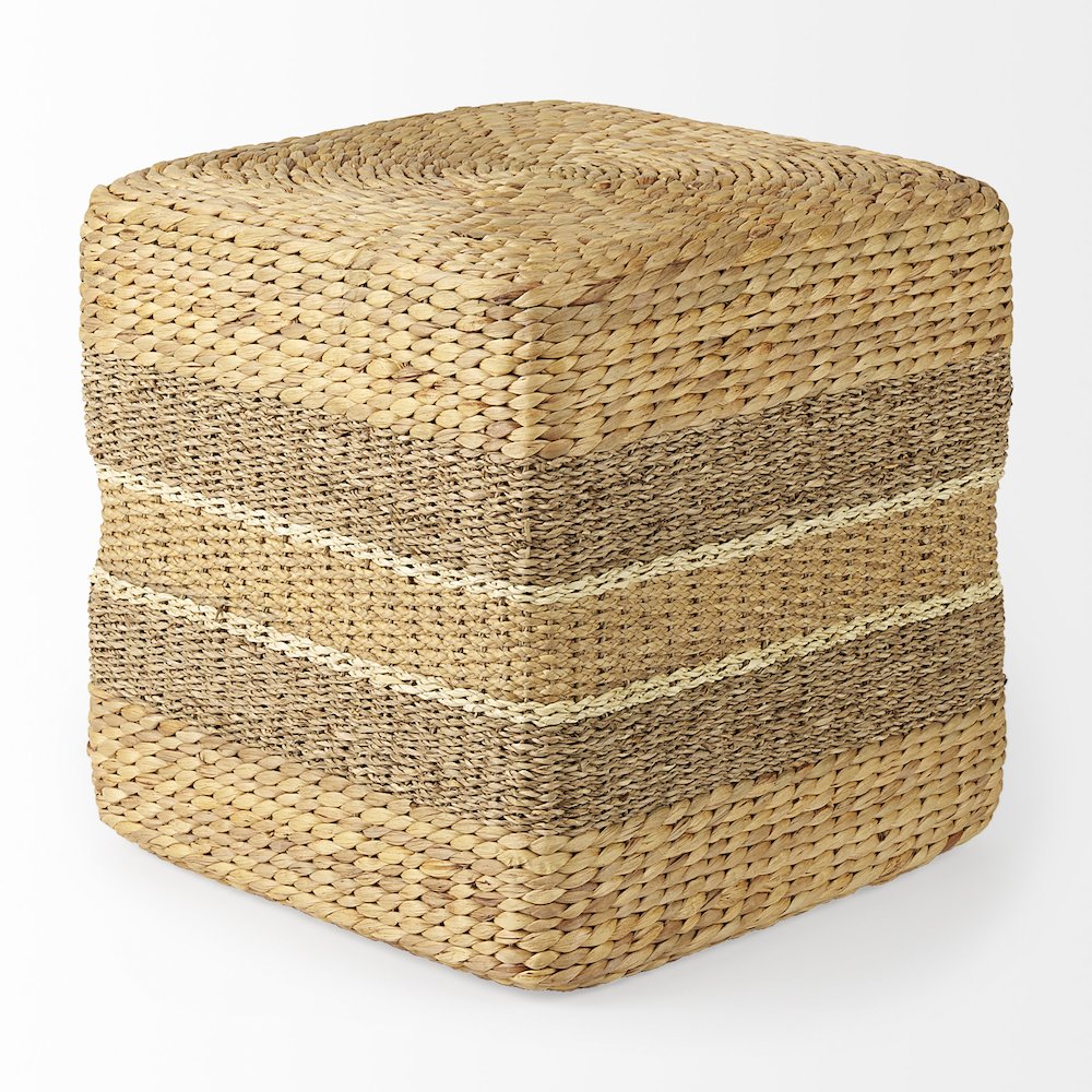 Light Brown W/Medium Brown Stripes Seagrass Square Pouf. Picture 2