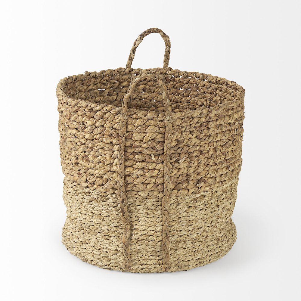 (Set of 3) Brown Two Tone Water Hyacinth and Cornhusk Round Basket W/ Handles. Picture 2