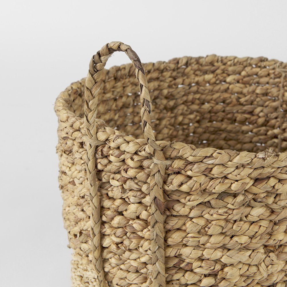 (Set of 3) Brown Two Tone Water Hyacinth and Cornhusk Round Basket W/ Handles. Picture 3