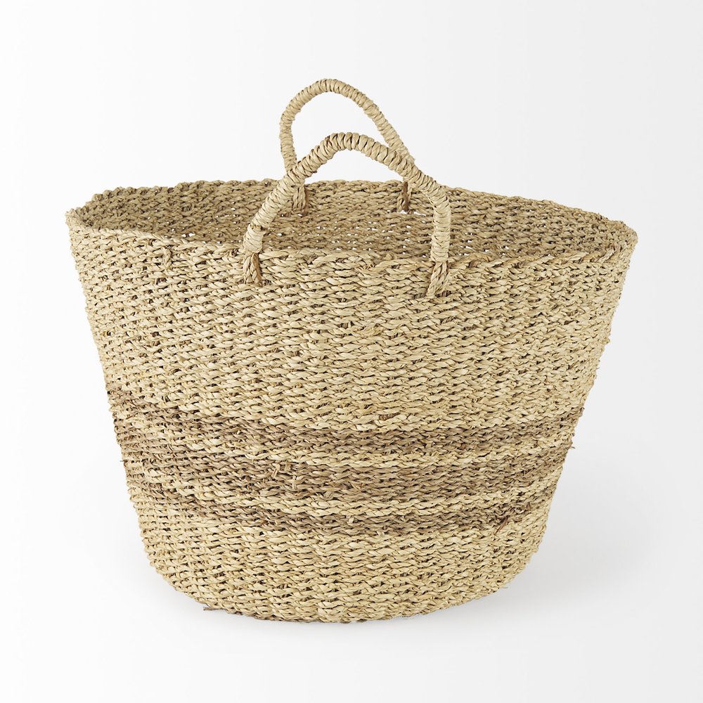 Light Brown Palm Leaf and Seagrass Round Basket W/ Handles. Picture 2