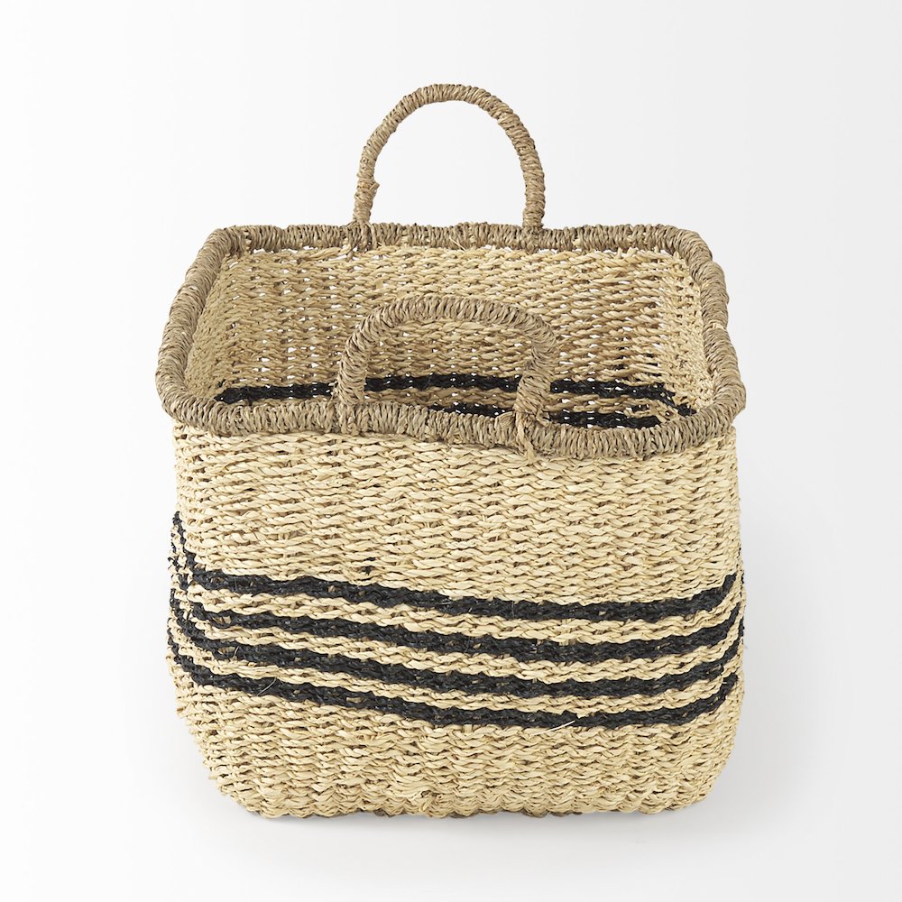 (Set of 2) Light Brown Seagrass Rectangular Basket W/ Black Stripes. Picture 2