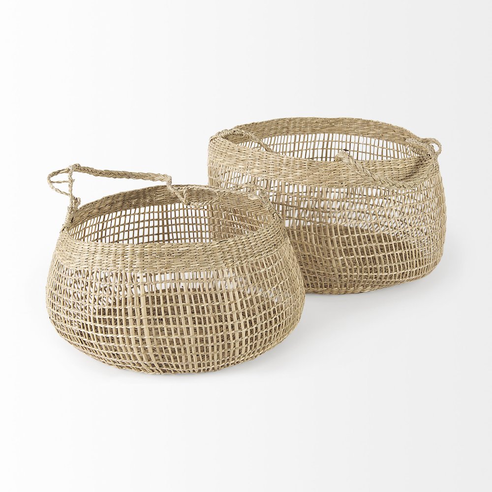 (Set of 2) Light Brown Seagrass Woven Round Basket W/ Long Handle. Picture 2