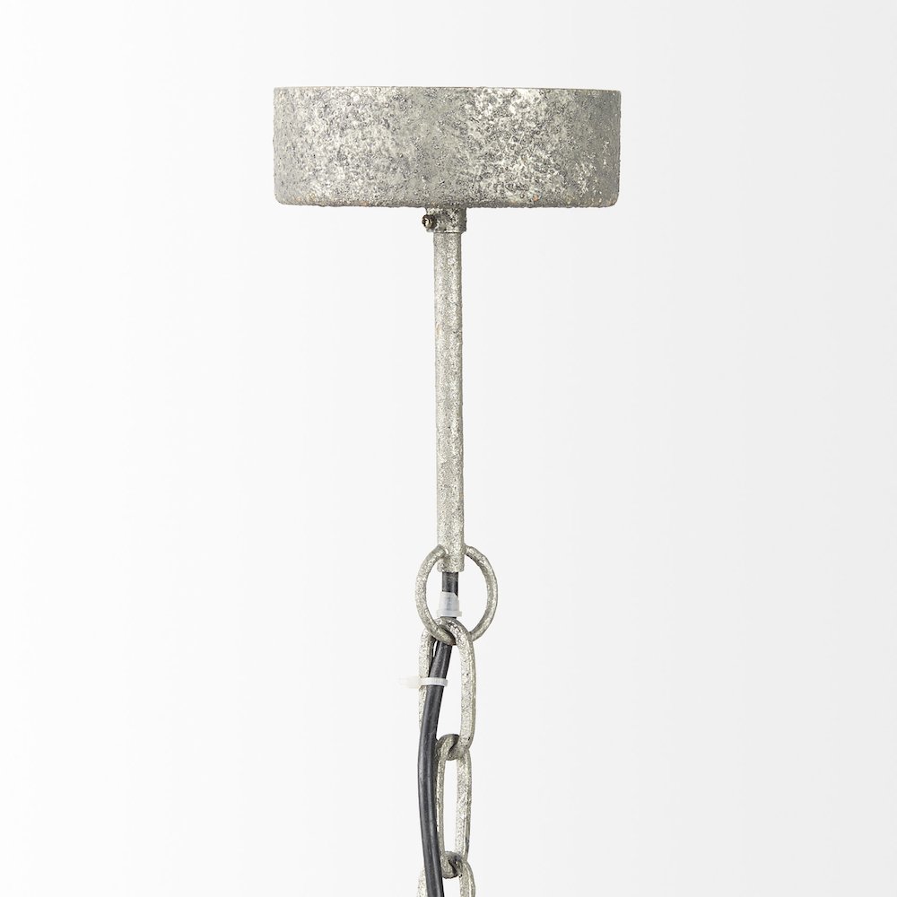 Silver Metal Chassis and White Wood Beaded Six Bulb Chandelier. Picture 2