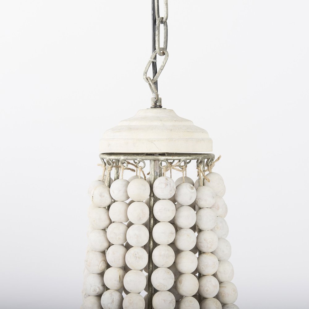 Silver Metal Chassis and White Wood Beaded Six Bulb Chandelier. Picture 4