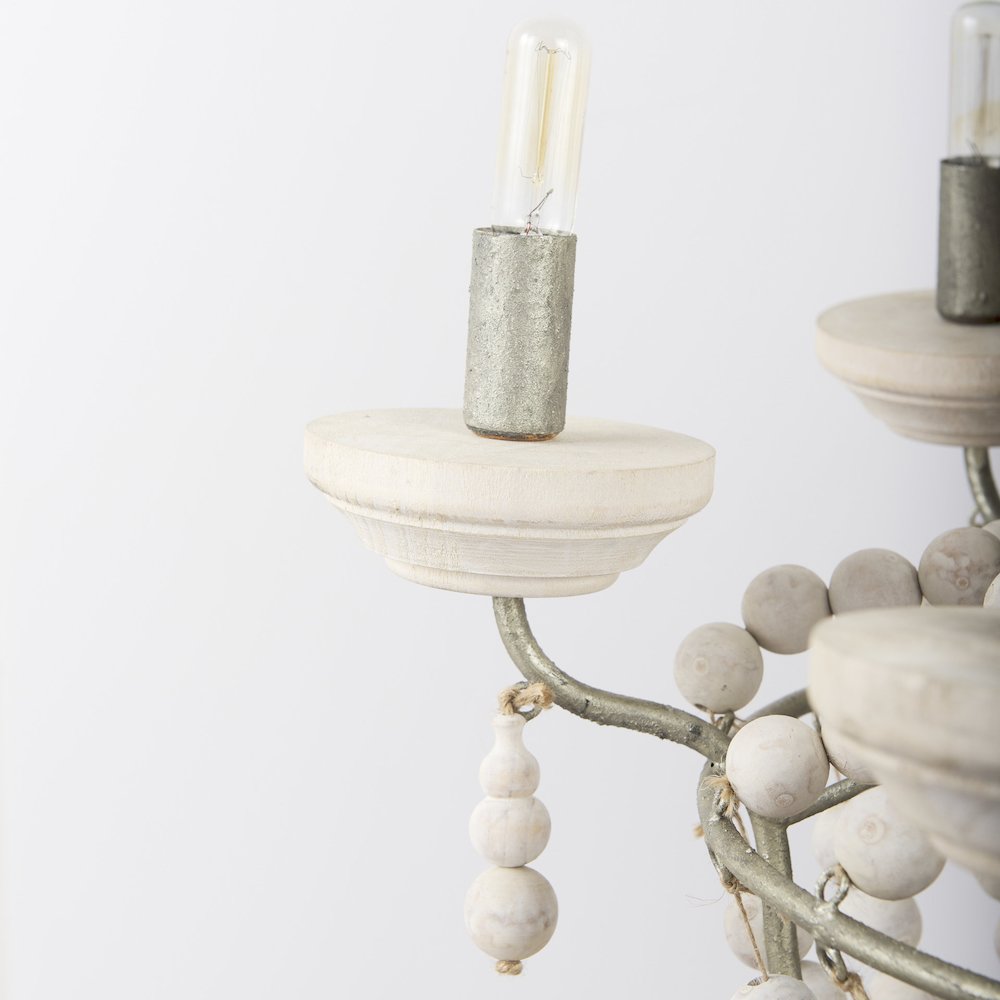 Silver Metal Chassis and White Wood Beaded Six Bulb Chandelier. Picture 5