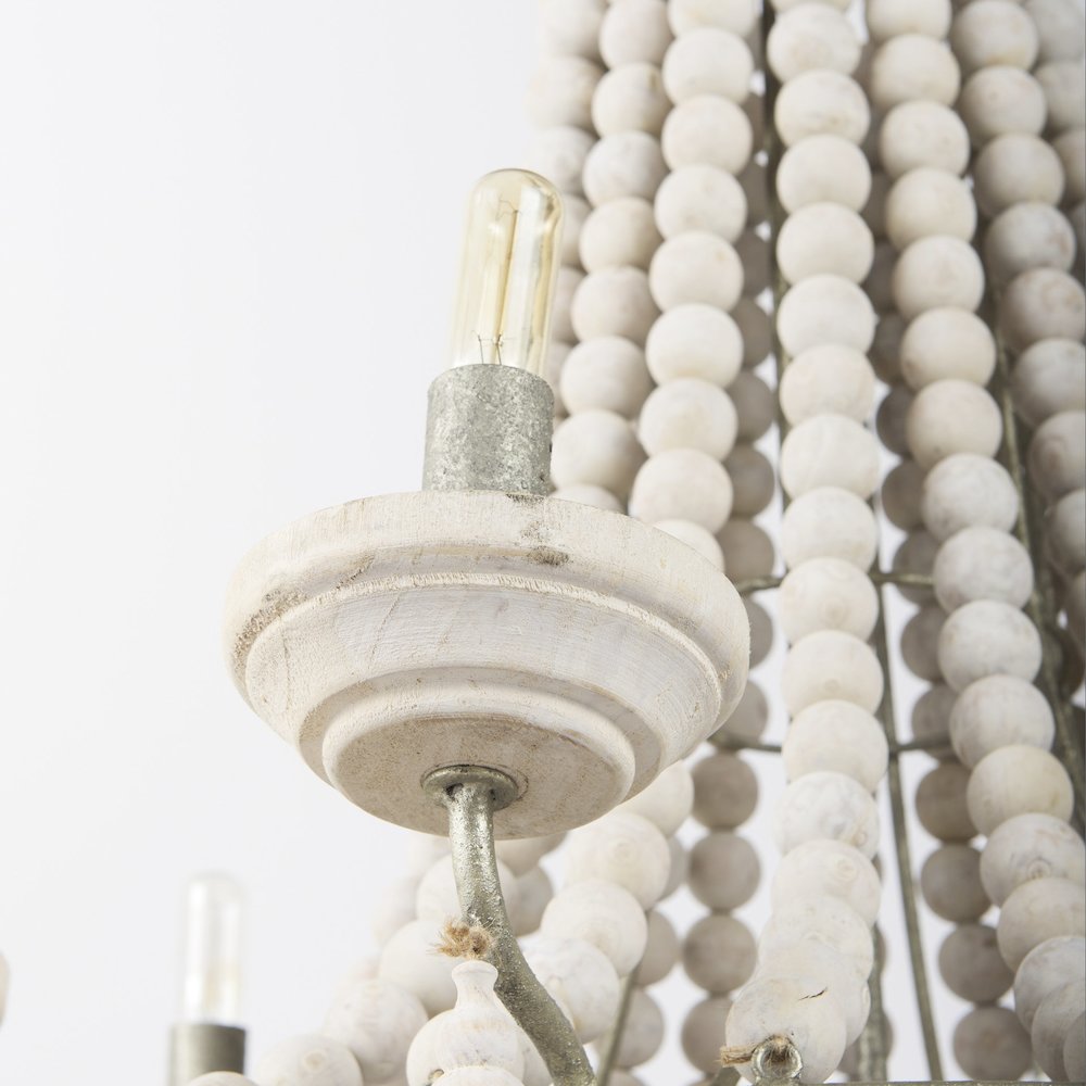 Silver Metal Chassis and White Wood Beaded Six Bulb Chandelier. Picture 7