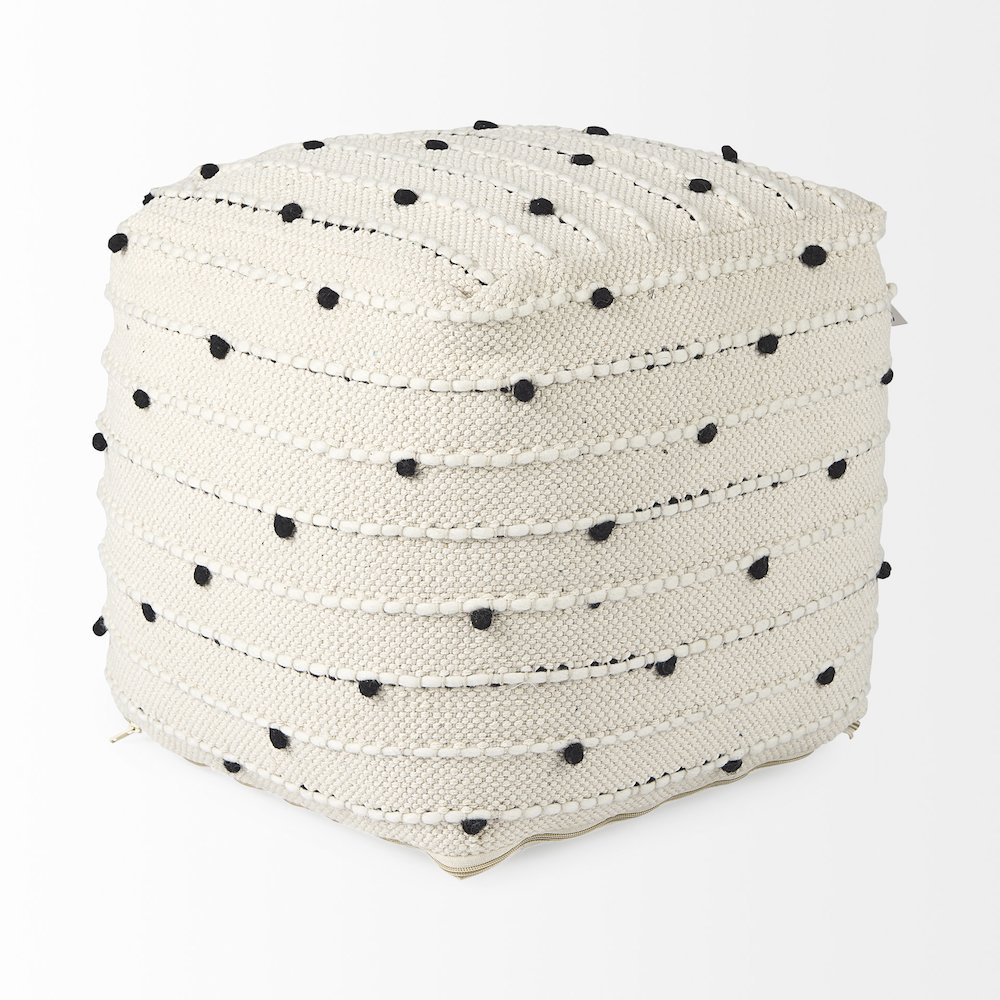 Amaira 16.0L x 16.0W x 16.0H Cream/Black/White patterned Wool and Cotton Pouf. Picture 2