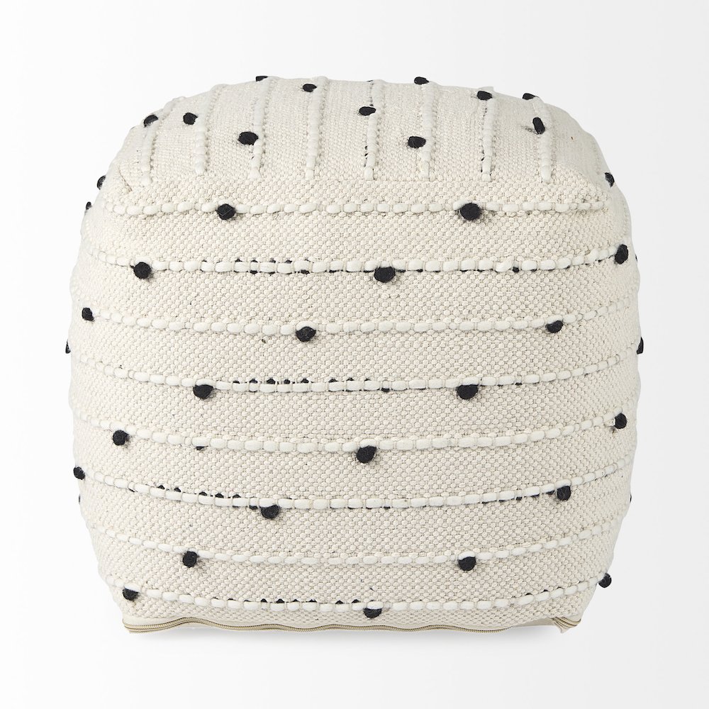Amaira 16.0L x 16.0W x 16.0H Cream/Black/White patterned Wool and Cotton Pouf. Picture 3