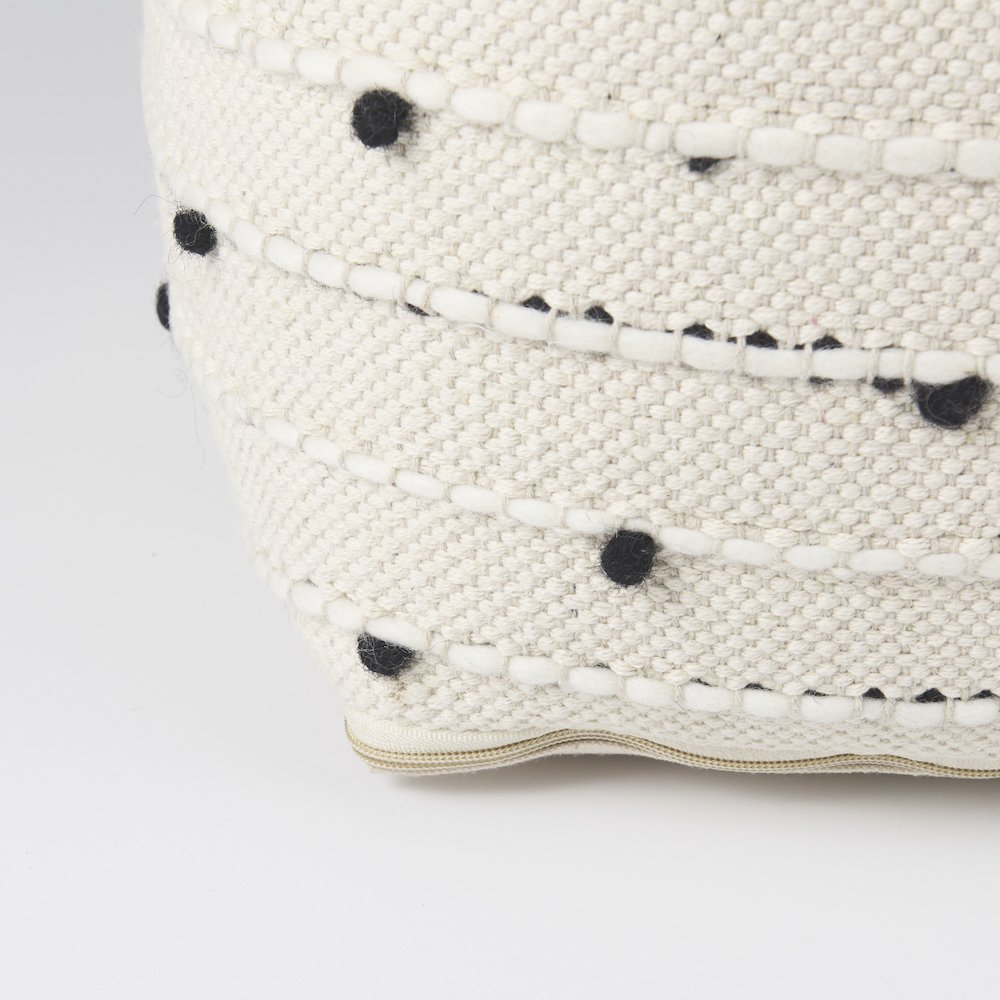 Amaira 16.0L x 16.0W x 16.0H Cream/Black/White patterned Wool and Cotton Pouf. Picture 7