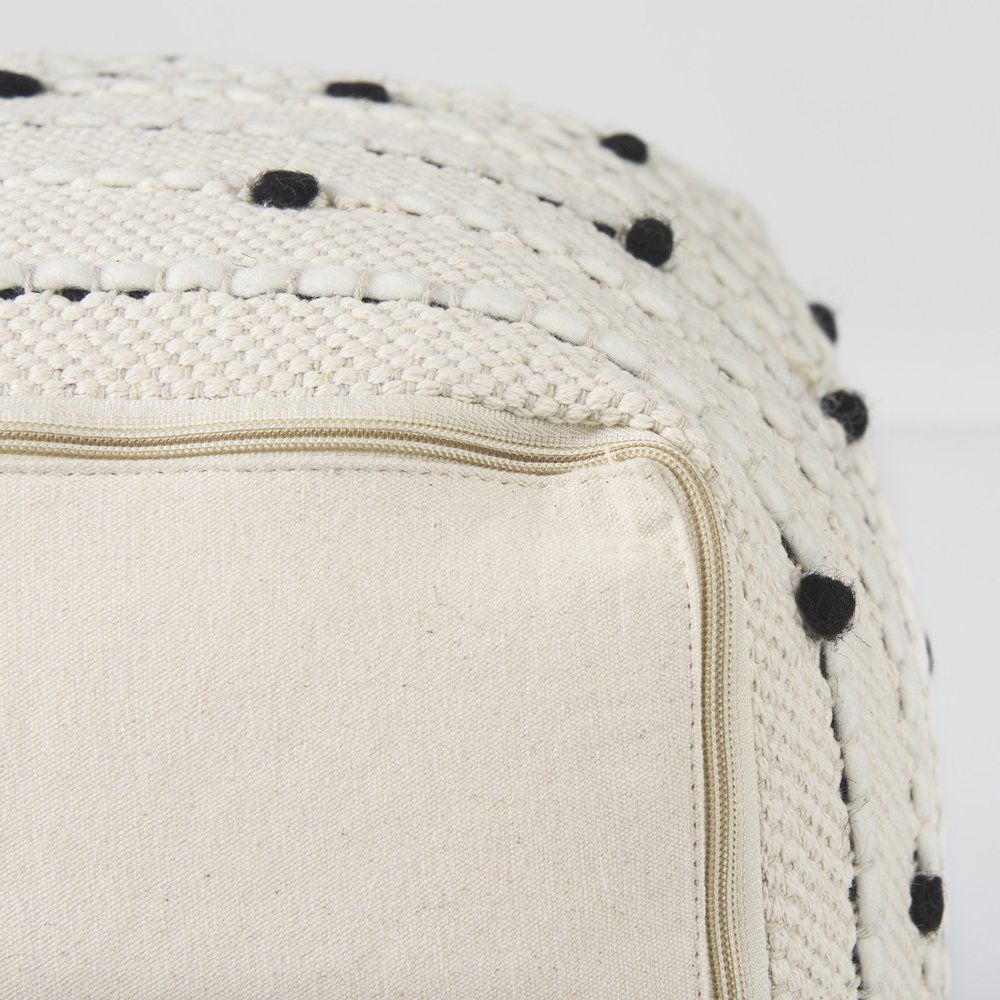 Amaira 16.0L x 16.0W x 16.0H Cream/Black/White patterned Wool and Cotton Pouf. Picture 8