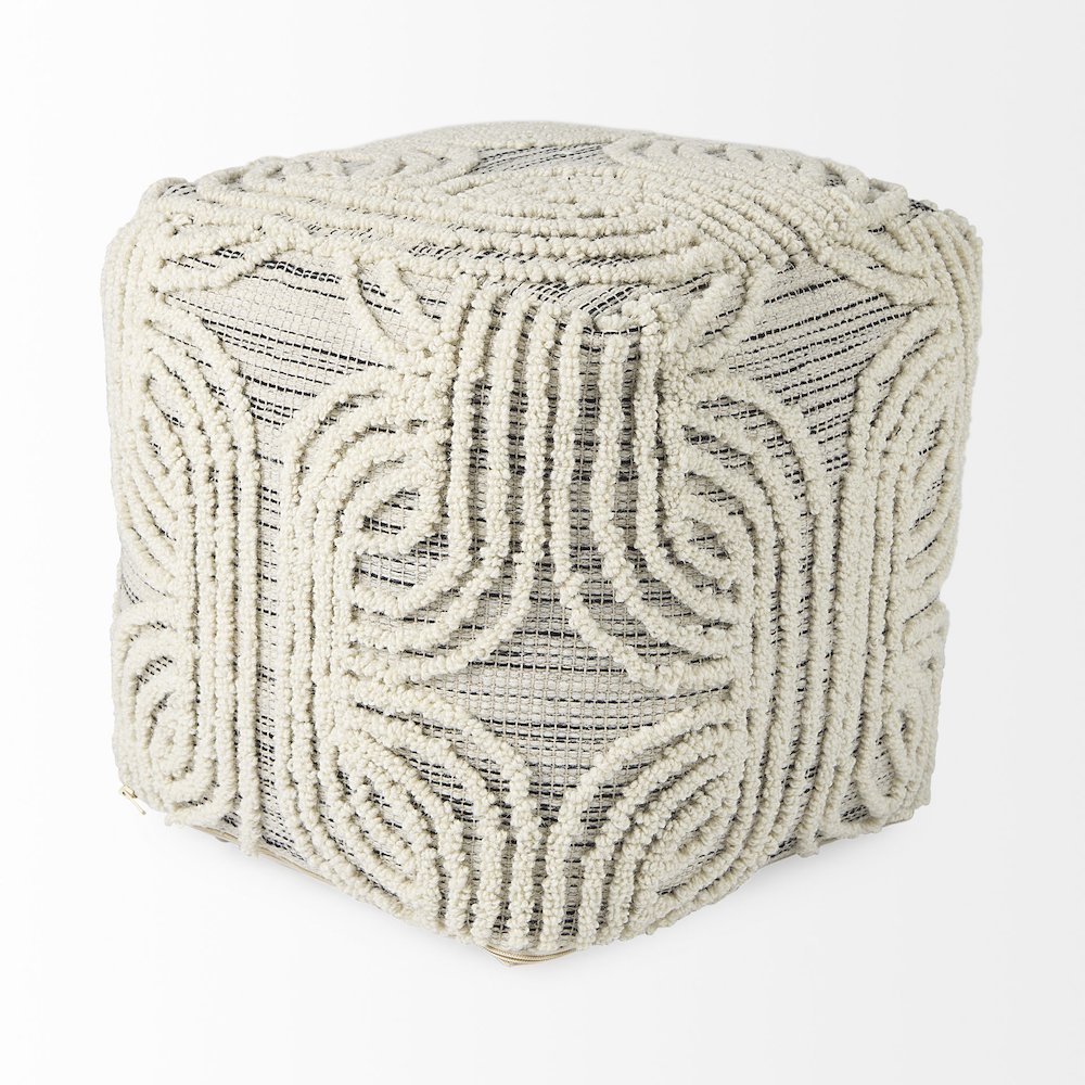 Amaya 16.0L x 16.0W x 16.0H Cream/Black/Gray Wool and Cotton Pouf. Picture 2