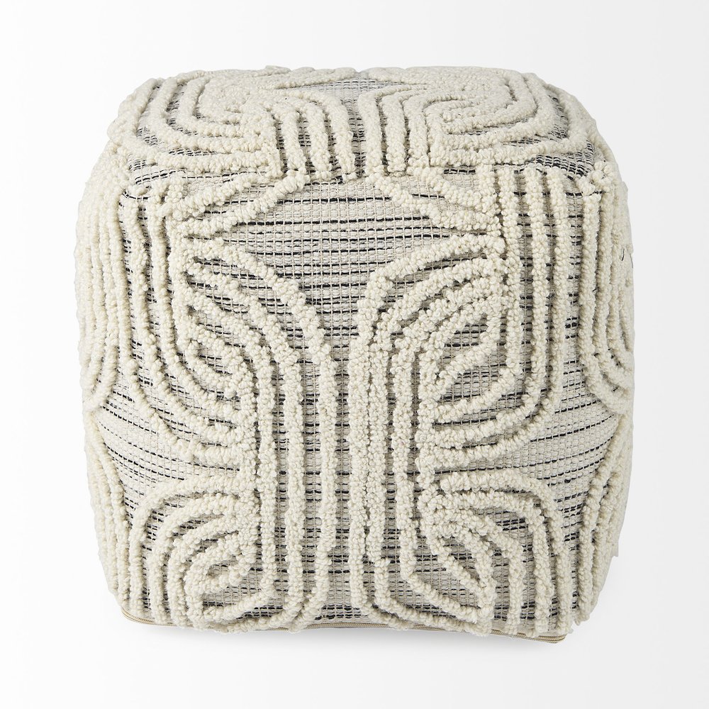 Amaya 16.0L x 16.0W x 16.0H Cream/Black/Gray Wool and Cotton Pouf. Picture 3