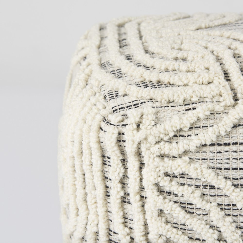 Amaya 16.0L x 16.0W x 16.0H Cream/Black/Gray Wool and Cotton Pouf. Picture 4