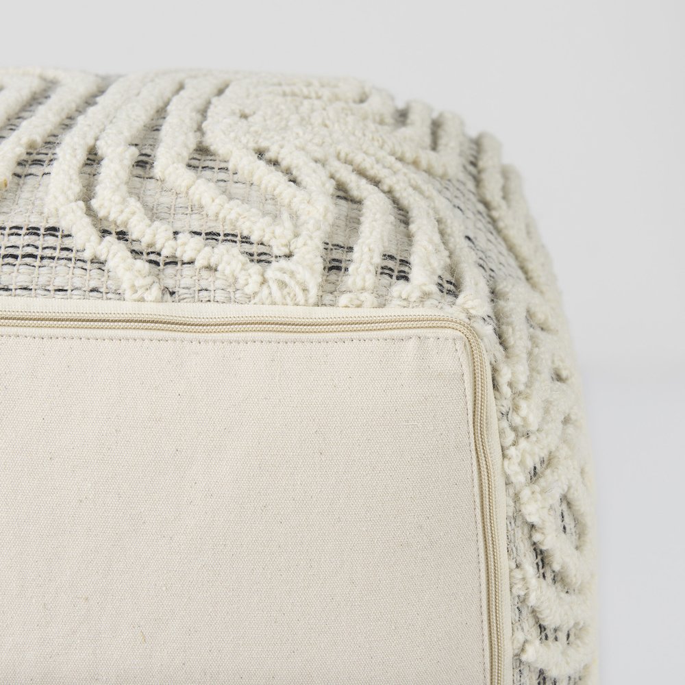 Amaya 16.0L x 16.0W x 16.0H Cream/Black/Gray Wool and Cotton Pouf. Picture 8