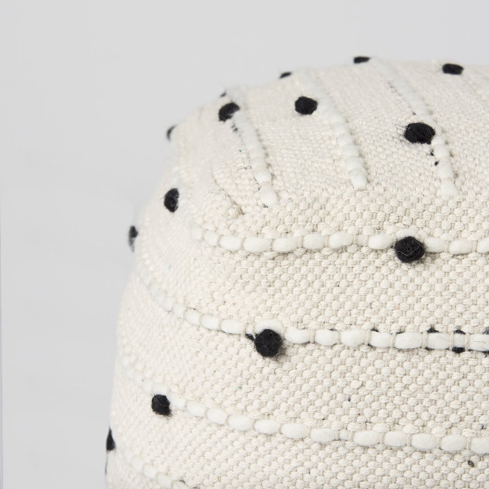 Amaira 16.0L x 16.0W x 16.0H Cream/Black/White patterned Wool and Cotton Pouf. Picture 4