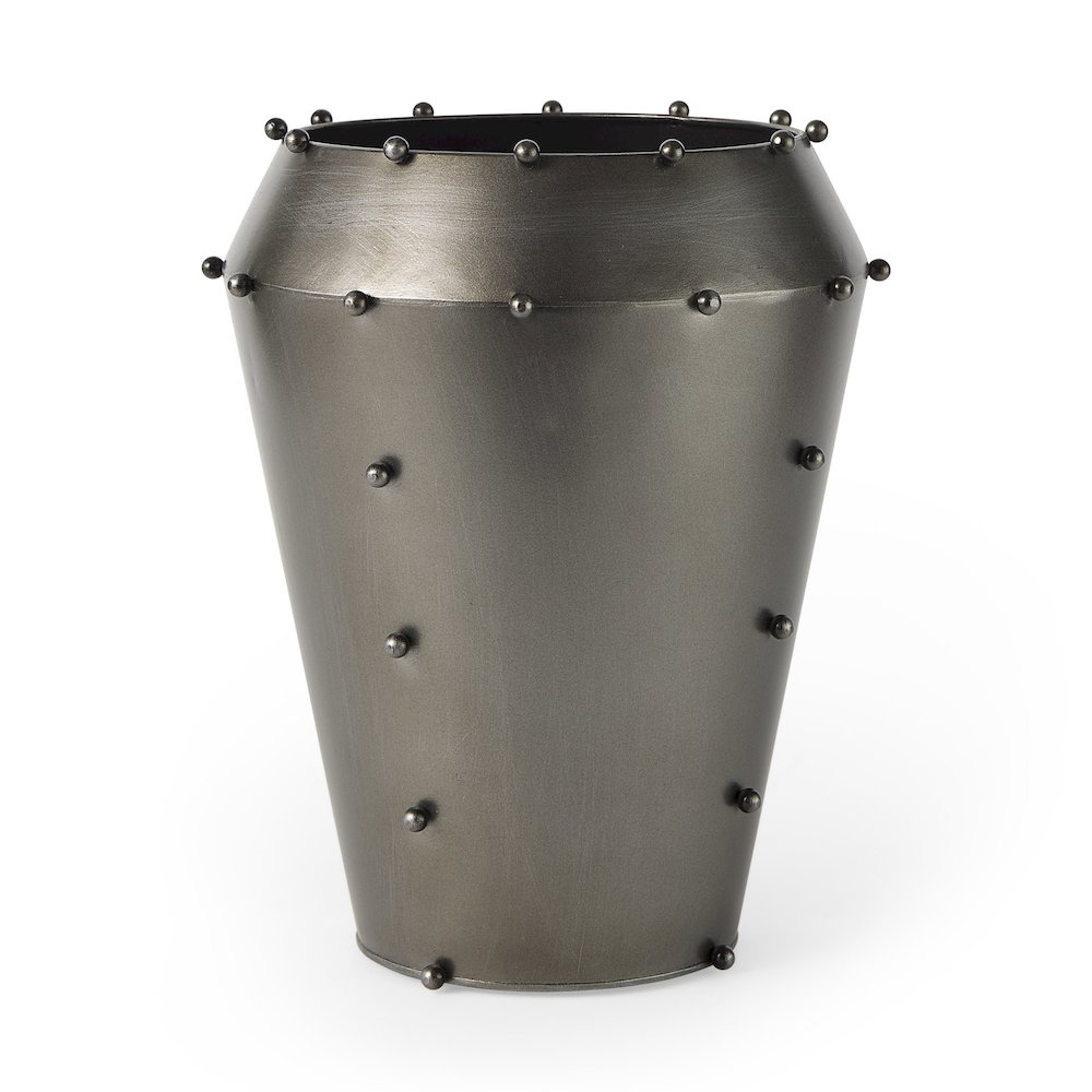 Elio 12.2H Large Gun Metal Gray Metal W/Studs Vase. Picture 1