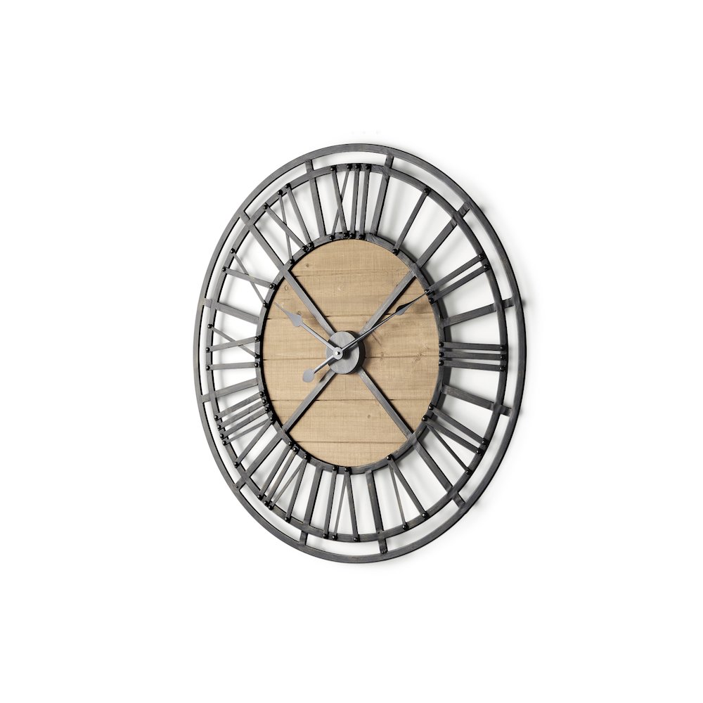 Lewiston 30.1L x 2.0W x 30.1H Black Iron W/Wood Round Wall Clock. Picture 1