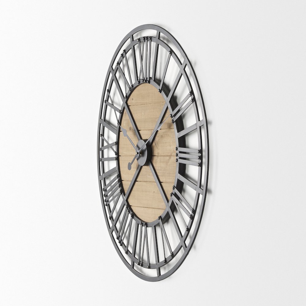 Lewiston 30.1L x 2.0W x 30.1H Black Iron W/Wood Round Wall Clock. Picture 2