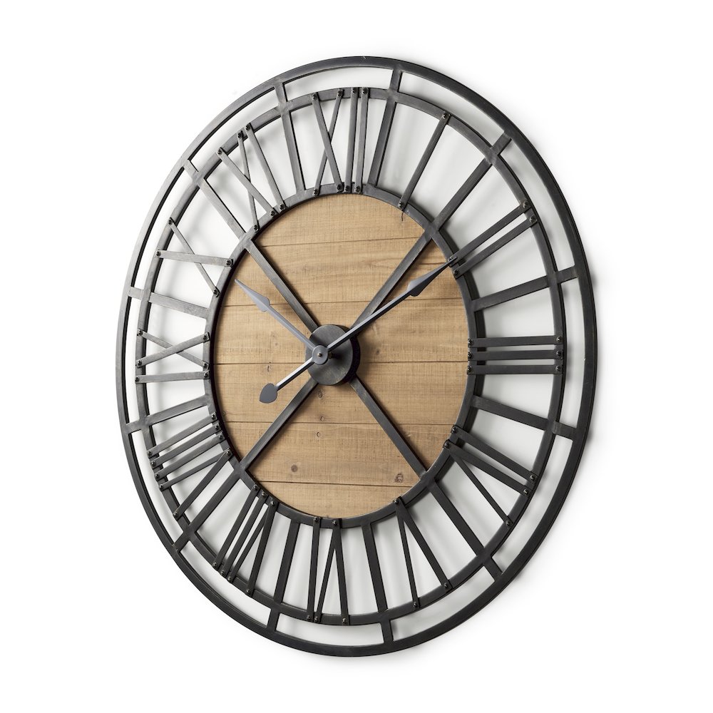 Lewiston 42.1L x 2.6W x 42.1H Black Iron W/Wood Round Wall Clock. Picture 1