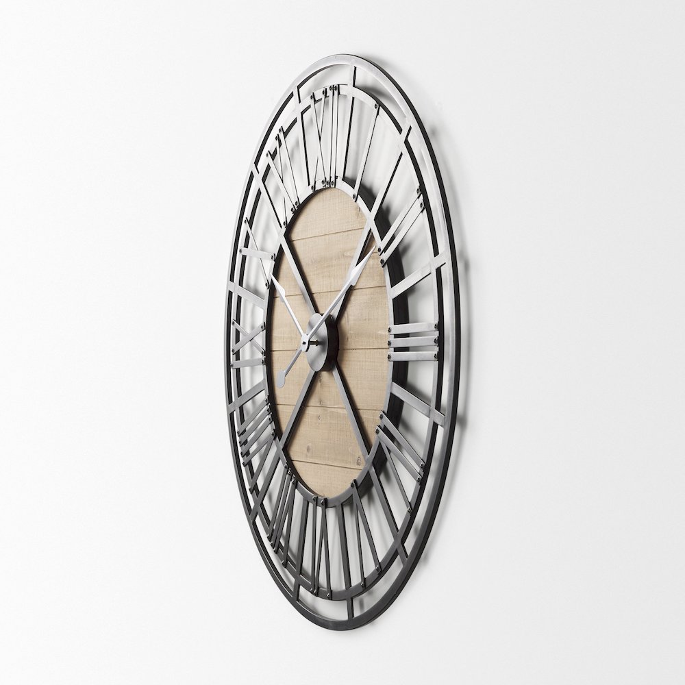 Lewiston 42.1L x 2.6W x 42.1H Black Iron W/Wood Round Wall Clock. Picture 2