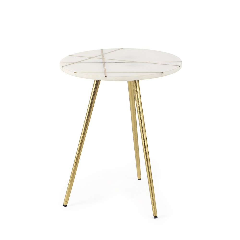 16.0L x 16.0W x 19.0H White Marble W/Antique Gold Metal Round Small Side Table. Picture 1