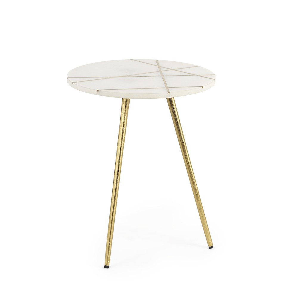 16.0L x 16.0W x 19.0H White Marble W/Antique Gold Metal Round Small Side Table. Picture 2