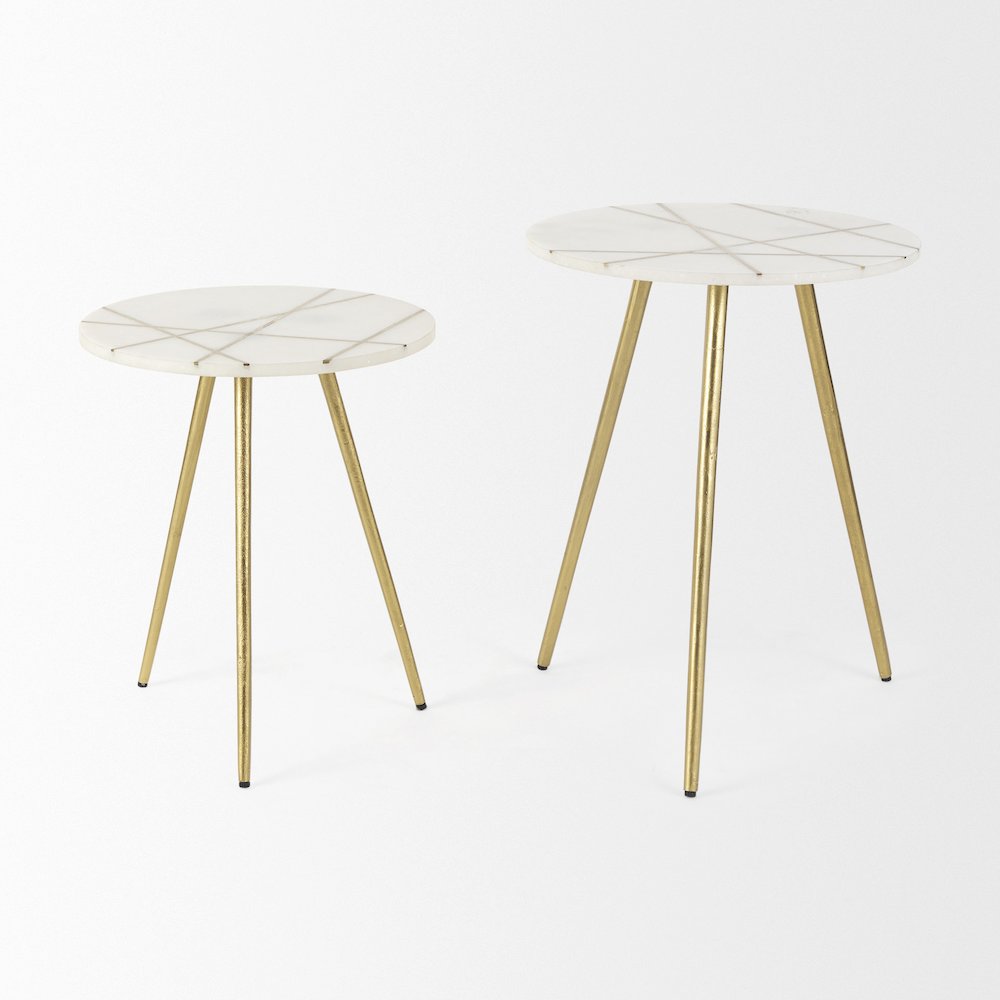 16.0L x 16.0W x 19.0H White Marble W/Antique Gold Metal Round Small Side Table. Picture 3
