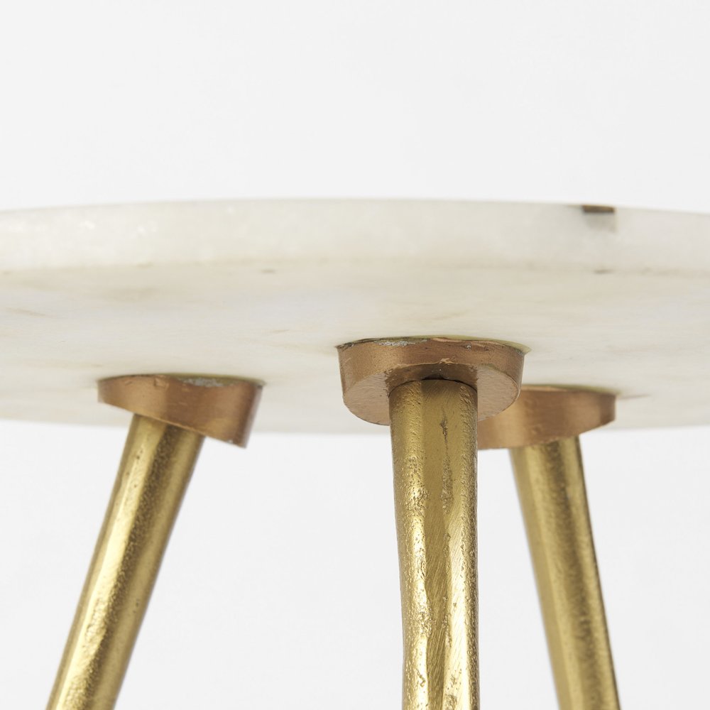 16.0L x 16.0W x 19.0H White Marble W/Antique Gold Metal Round Small Side Table. Picture 7