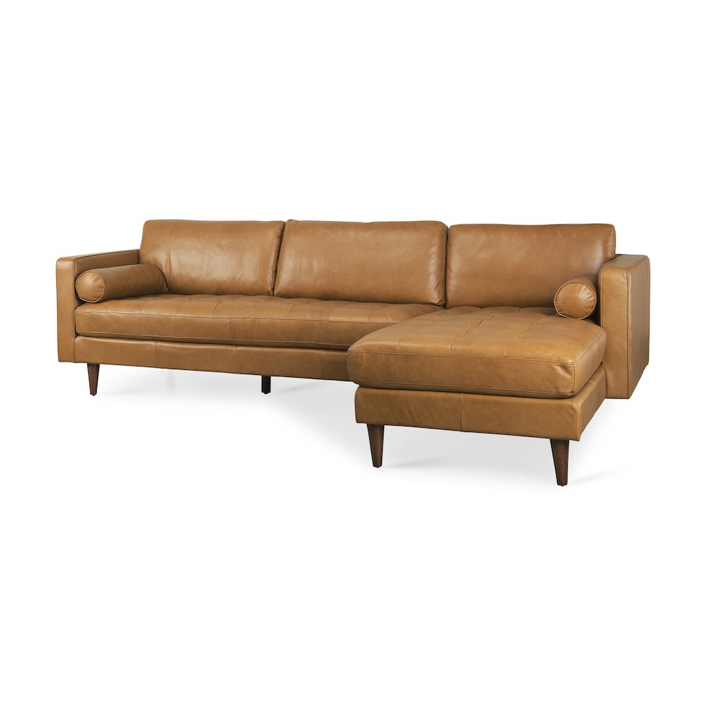 Svend 111.4L x 68.0W x 33.9H Tan Leather Right Chaise Sectional Sofa. Picture 1