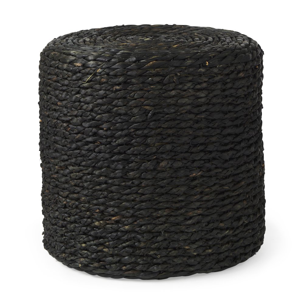 Dina 17.7L x 17.7W x 17.7H Black Cornhusk and Water Hyacinth Round Pouf. Picture 1