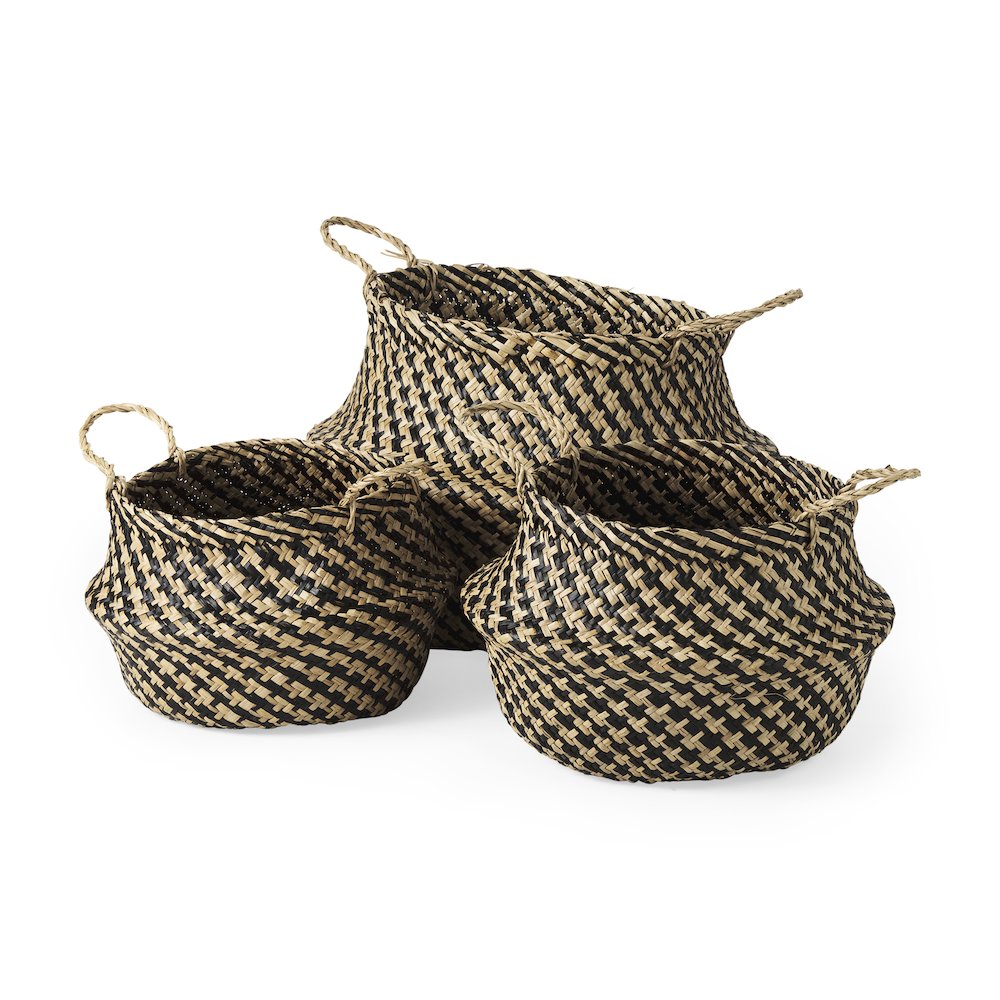 Set of 3 Light and Dark Brown Cross Patterend Belly Seagrass Basket. Picture 1