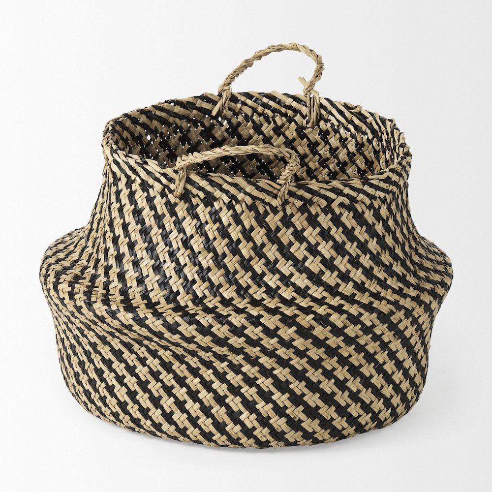 Set of 3 Light and Dark Brown Cross Patterend Belly Seagrass Basket. Picture 2