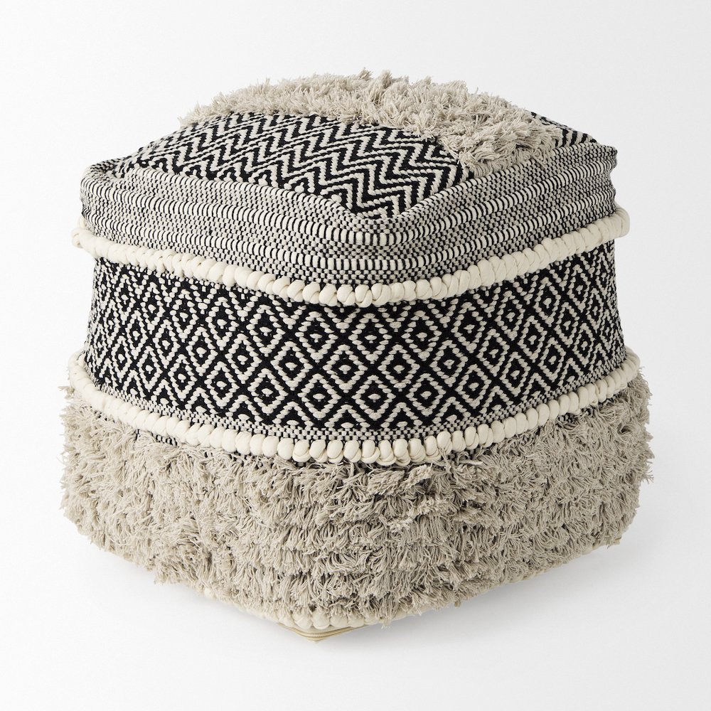 Darika 16.0L x 16.0W x 16.0H Black/White/Gray Cotton Pouf. Picture 2