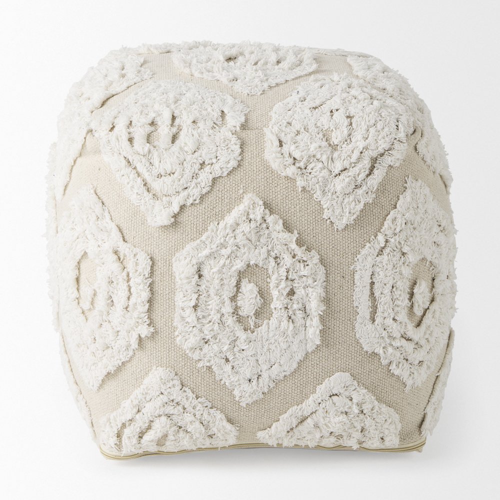 Ekanta 16.0L x 16.0W x 16.0H  Cream/Beige Patterned Cotton Pouf. Picture 3