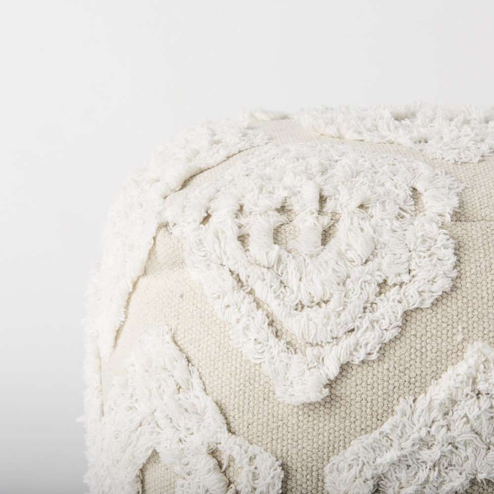 Ekanta 16.0L x 16.0W x 16.0H  Cream/Beige Patterned Cotton Pouf. Picture 4