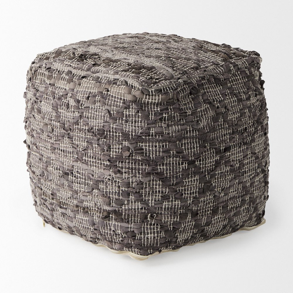 Falguni 16.0L x 16.0W x 16.0H Gray Leather and Cotton Patterned Pouf. Picture 2
