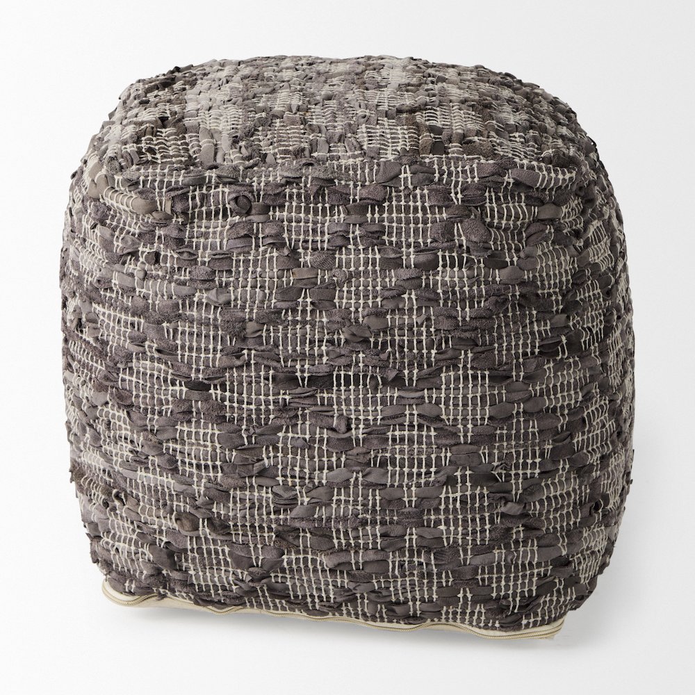 Falguni 16.0L x 16.0W x 16.0H Gray Leather and Cotton Patterned Pouf. Picture 3