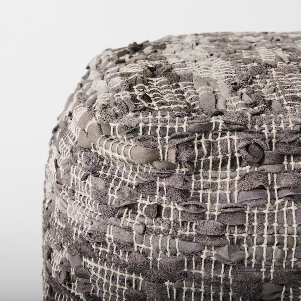 Falguni 16.0L x 16.0W x 16.0H Gray Leather and Cotton Patterned Pouf. Picture 4