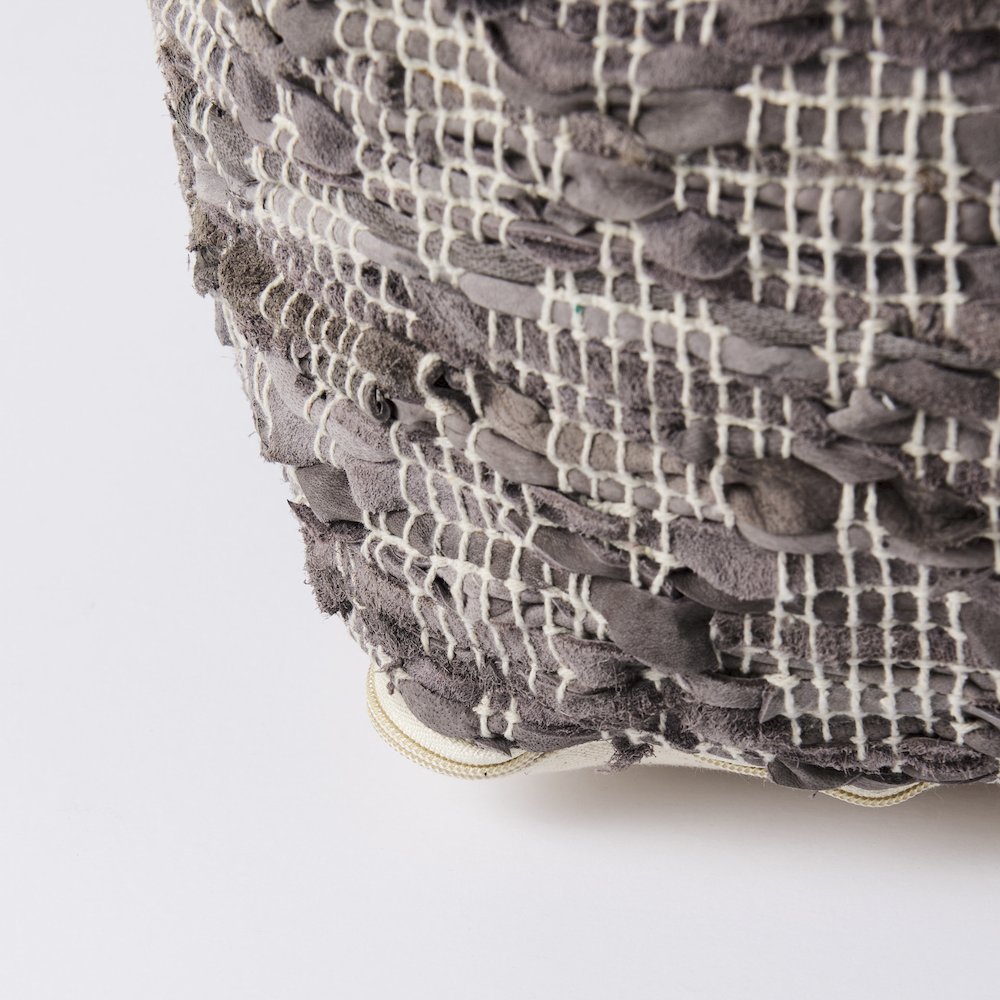 Falguni 16.0L x 16.0W x 16.0H Gray Leather and Cotton Patterned Pouf. Picture 7