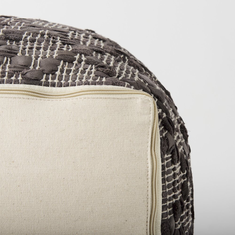 Falguni 16.0L x 16.0W x 16.0H Gray Leather and Cotton Patterned Pouf. Picture 8