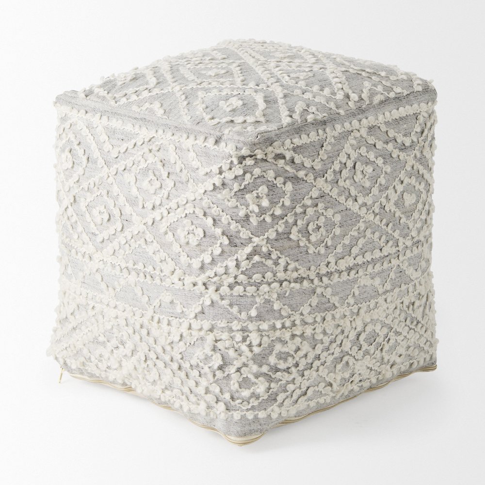 Farida 6.0L x 16.0W x 16.0H Light Gray Wool and Polyester Patterned Pouf. Picture 2