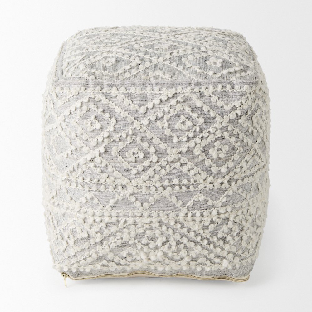 Farida 6.0L x 16.0W x 16.0H Light Gray Wool and Polyester Patterned Pouf. Picture 3