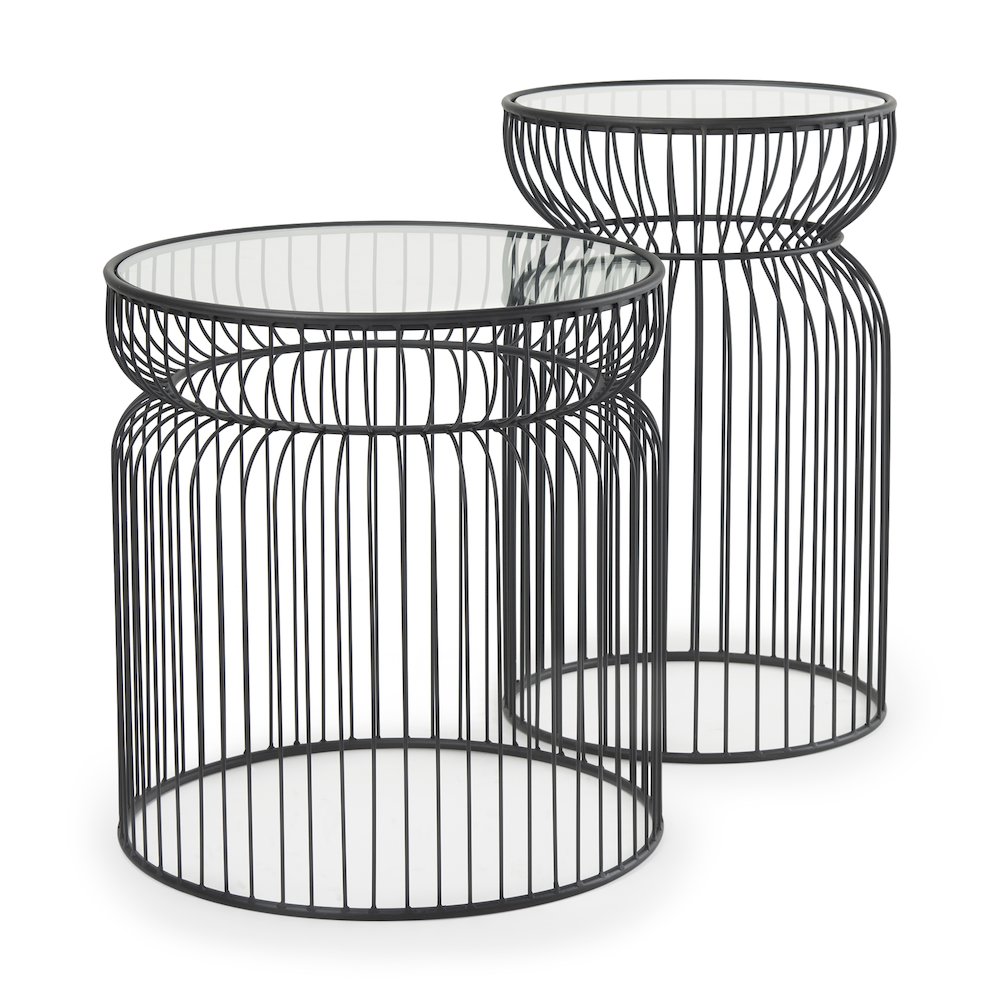 Shani Set of 2 Round, Black Metal w/ Glass, Accent Tables. Picture 1
