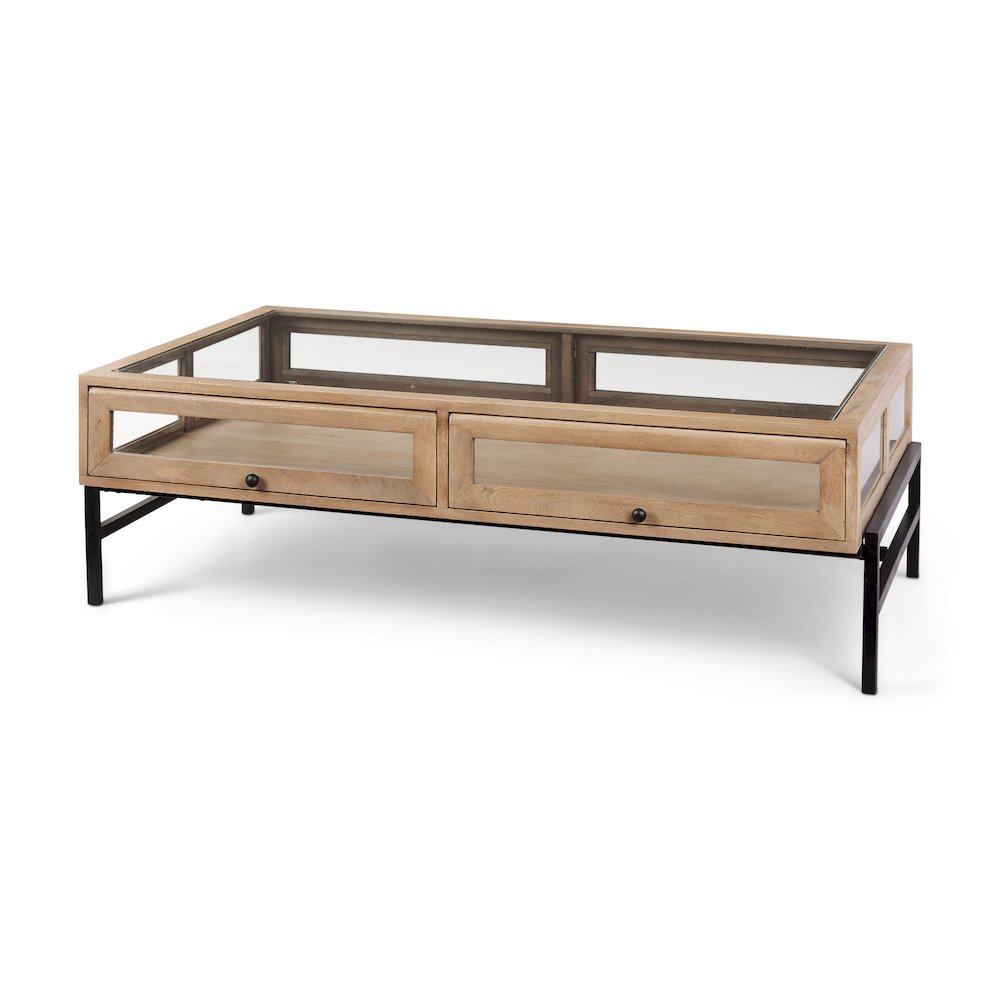42"L Rectangular Light Brown Wood w/ Black Metal Base Display Coffee Table. Picture 1