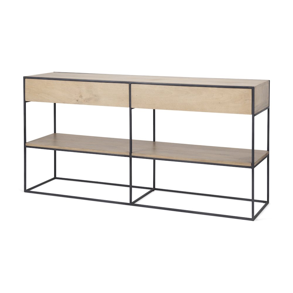 63.0L x 15.0W x 31.0H Beige Wood w/ Black Metal Frame 2 Drawer Console Table. Picture 1
