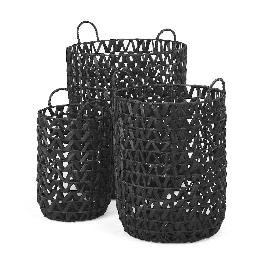 Set of 3 Black Water Hyacinth Zig Zag Weave Round Basket W/ Handles. Picture 1