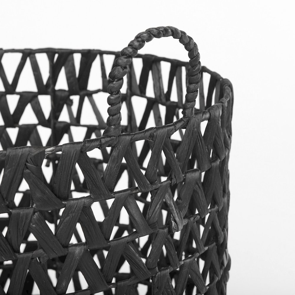 Set of 3 Black Water Hyacinth Zig Zag Weave Round Basket W/ Handles. Picture 4